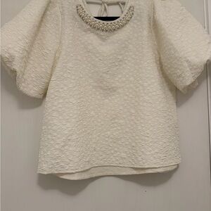 Hazel Cream Textured Blouse with Pearl Neckline